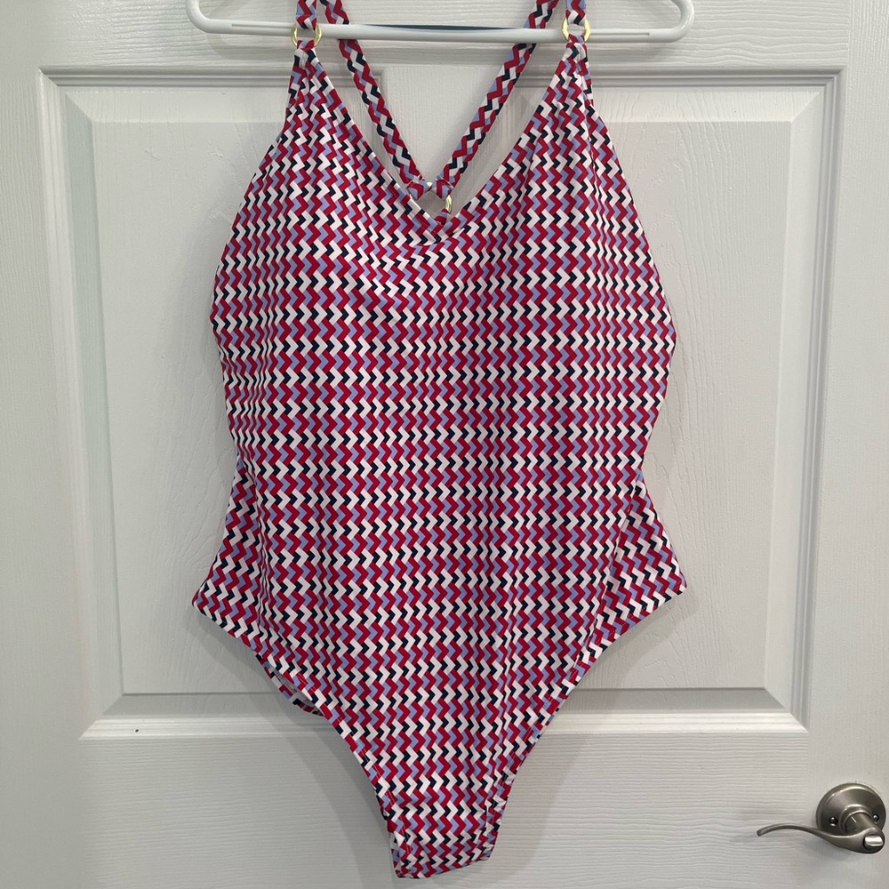 NWT Kona Sol Red White Blue Chevron Women's PLUS One-Piece Swimsuit Bathing Suit - Picture 3 of 11